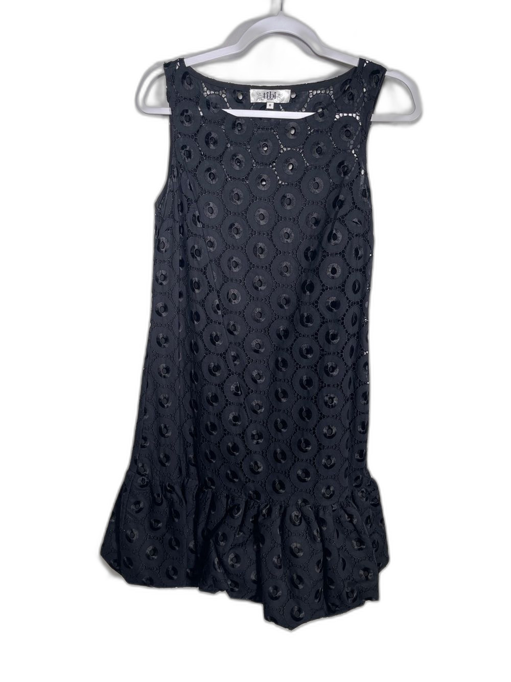 TIBI WOMENS BLACK EYELET SLEEVELESS BUBBLE HEM MINI DRESS 6